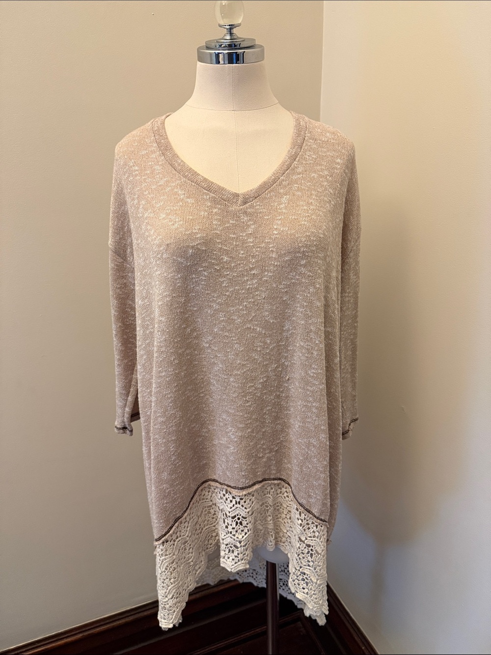 Altar'd State Taupe V-Neck Sweater Tunic with Crochet Hem